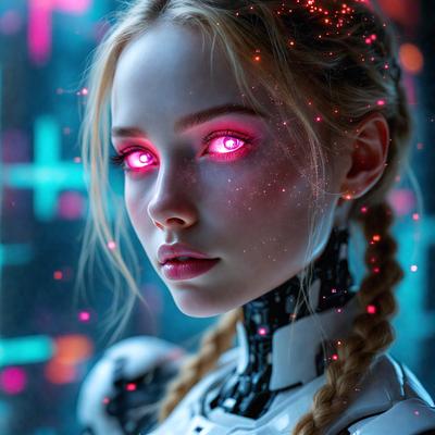 The primary subject of the image is a woman with glowing pink eyes, wearing a white outfit. She is standing in front of a colorful background, which includes a pink and blue pattern. The visual style of the image is a combination of photo and digital art, creating a unique and eye-catching appearance. The woman's glowing eyes and the vibrant colors of the background evoke a sense of mystery and intrigue.